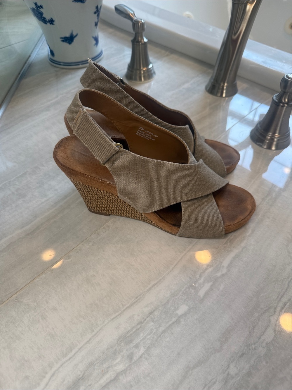AEROSOLES Taupe Linen Crisscross Slingback Wedge Sandals - Picture 4 of 5